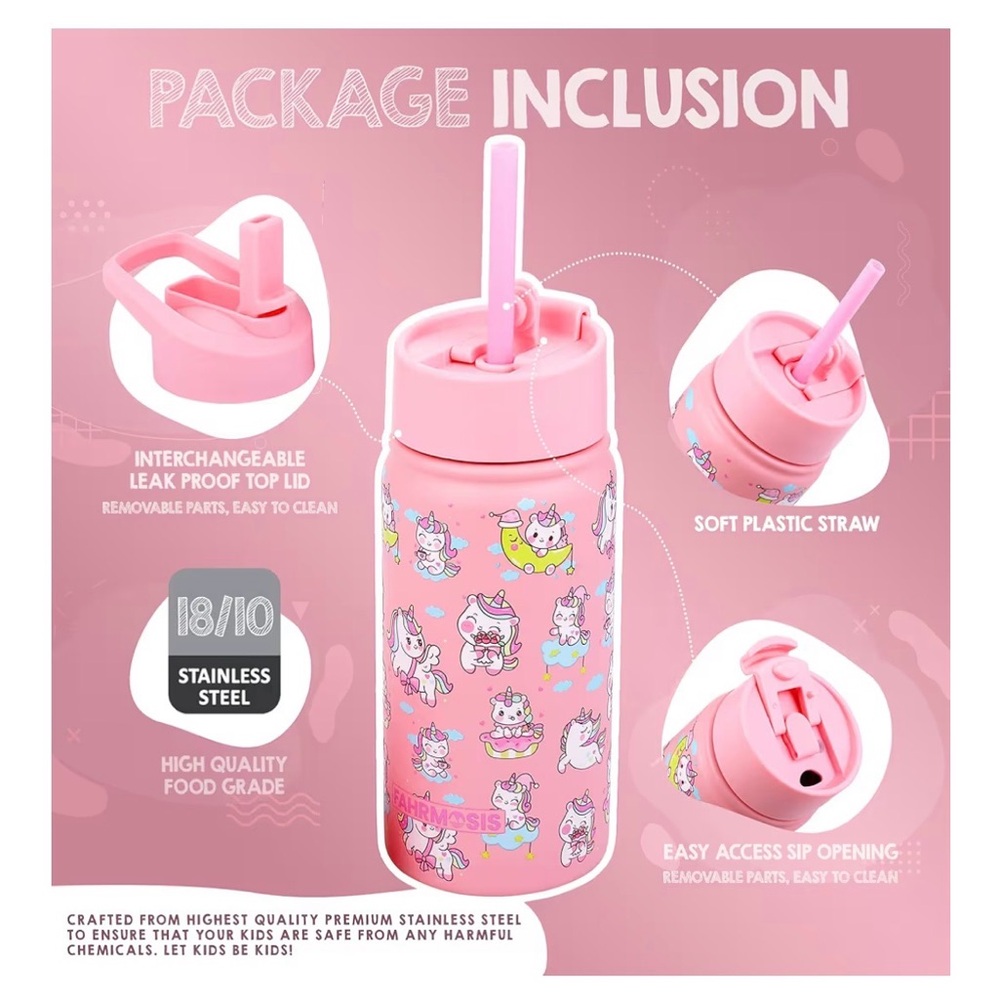 New in box Adorable Pink Kids Stainless Steel Water Bottle 14oz